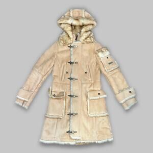 Pepe Jeans London Women’s Faux Shearling Hooded Toggle Coat – Beige – Size S